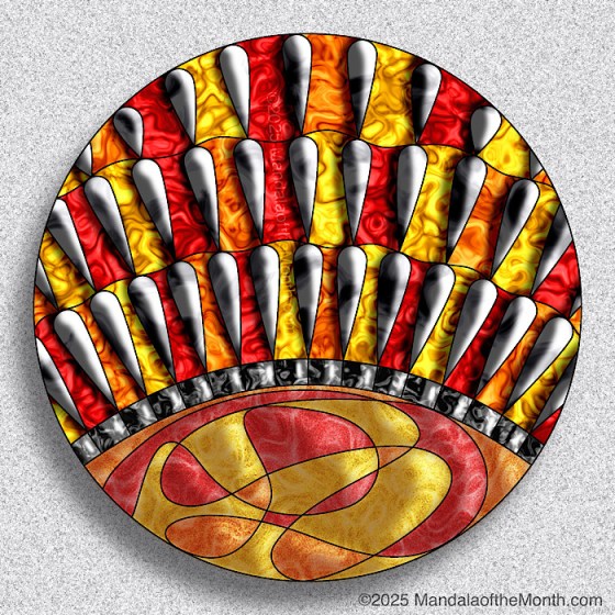 MotM 25-02 Hope — after…asymmetrical mandala design. in colors of red, orange, yellow, and platinum
