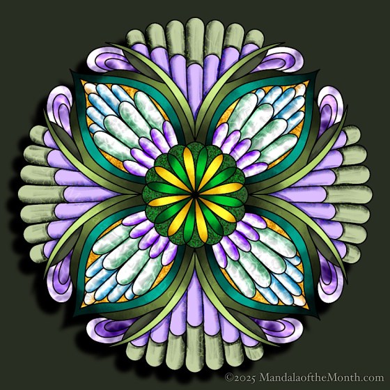 Mandala of the Month 25-11 Spirituality — in color with varying shades of green, purple, and warm gold.